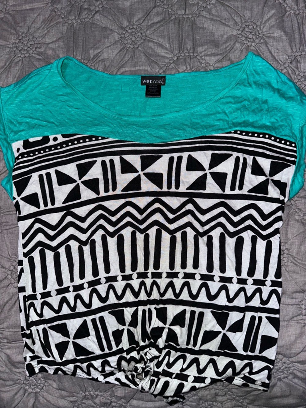Wet Seal Teal and Black Aztec-Stripe Knot Front Top